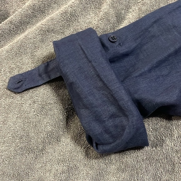 Side Stitch Linen Roll Tab Sleeve V Neck Tunic Blouse Navy Blue Lightweight Sz M - Picture 7 of 13